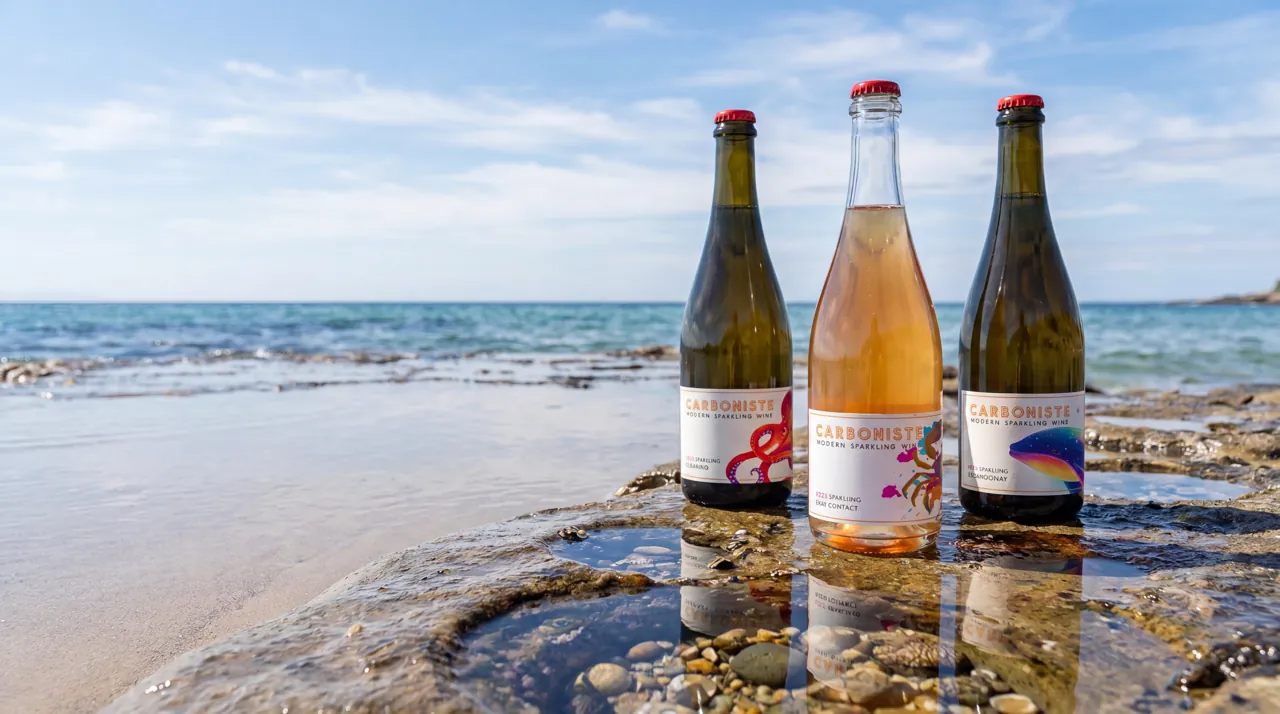 Three Carboniste sparkling wines, Octopus, Crab, and Whale, standing in a Pacific tide pool