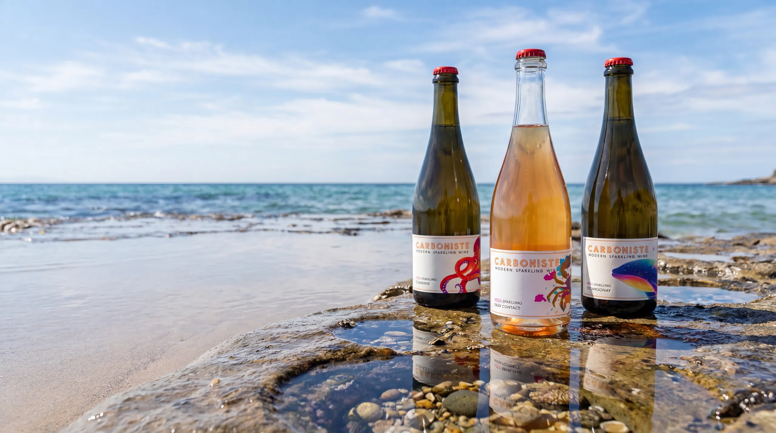 Three Carboniste sparkling wines, Octopus, Crab, and Whale, standing in a Pacific tide pool